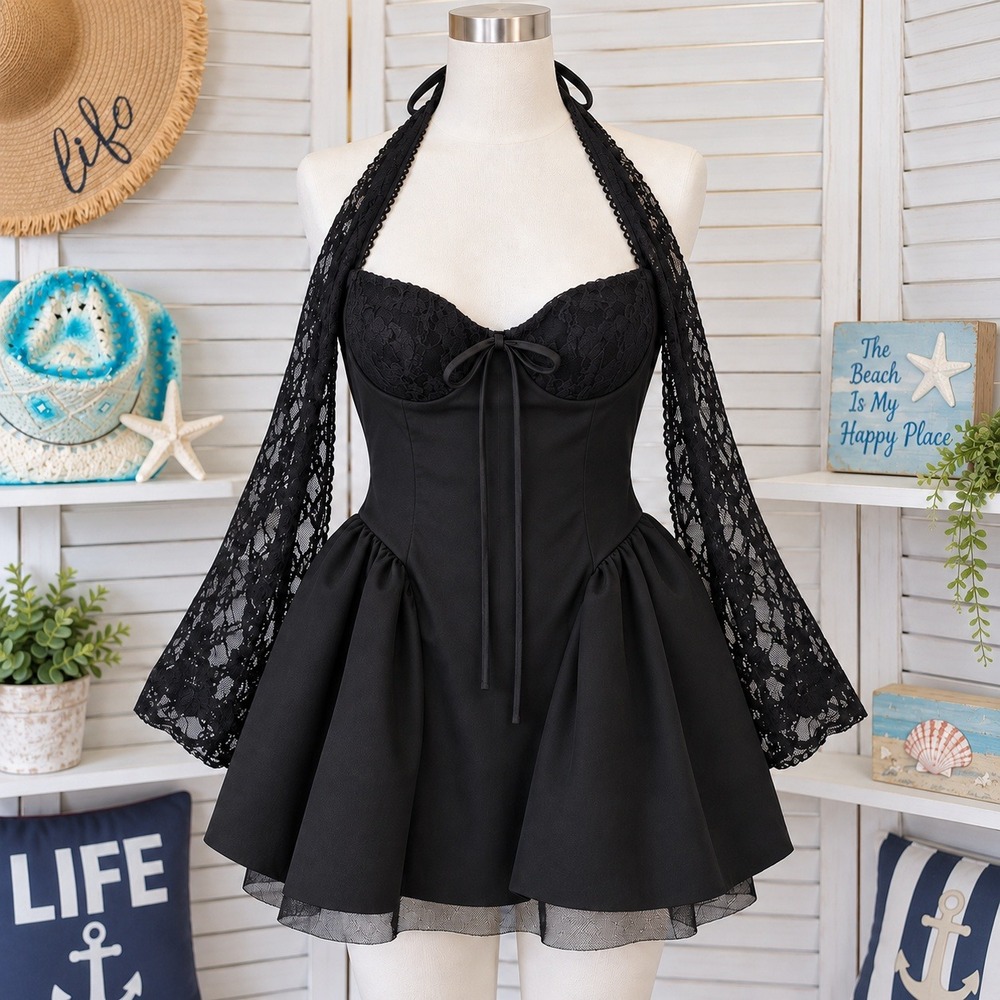 SHEIN Black Lace Halter Mini Dress 0XL Bell Sleeve Gothic Pleated Skirt